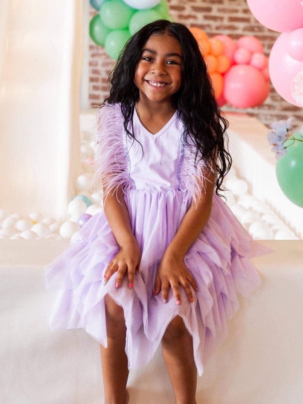 Lola the boy- Lilac Feather-Trim Tulle Party Dress for Girls